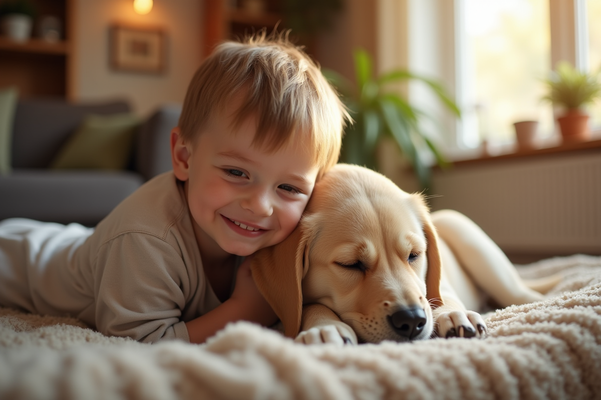 Enfant souriant embrassant un chiot labrador dans un salon chaleureux