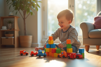 Garçon de 3 ans jouant avec des blocs colorés