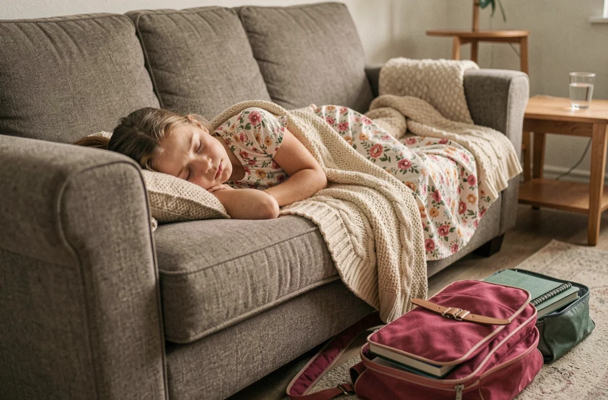 Jeune fille malade allongée sur le canapé avec son sac d'école posé au sol