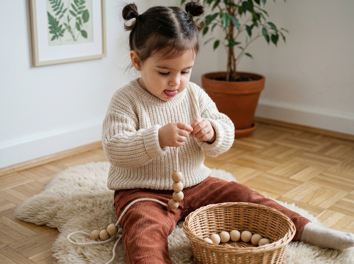 Fillette de 3 ans enfilant des perles en bois sur un tapis en peau de mouton, jeu éducatif calme sans écran