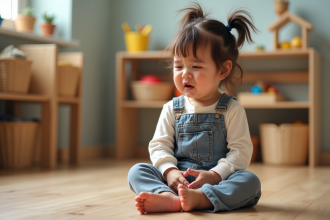 Petite fille triste assise sur le sol en Montessori