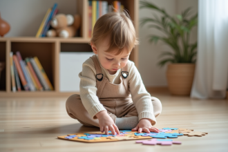 Tout-petit en train de jouer avec un puzzle coloré dans un salon chaleureux