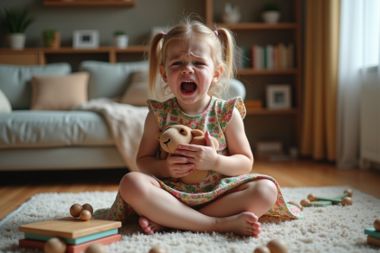 Fille de trois ans en crise dans le salon coloré