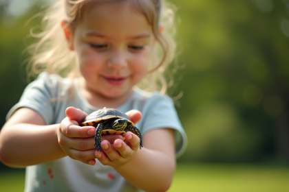 Enfant tenant doucement une petite tortue en main dans un jardin