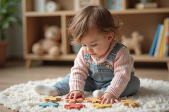 Jeune fille de deux ans joue avec un puzzle coloré