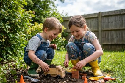 Deux enfants jouent dans le jardin avec des bottes colorées
