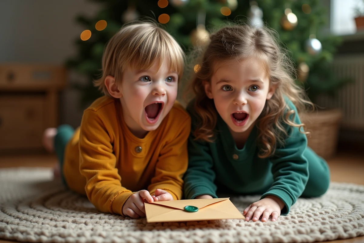 Deux enfants surpris découvrant une lettre de lutin farceur personnalisée sous le sapin de Noël
