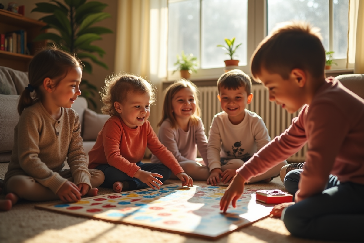 Enfants jouant à un jeu éducatif dans un salon ensoleille