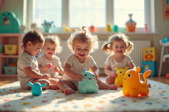 Enfants jouant avec des jouets OuiOui dans une salle lumineuse
