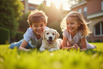 Jeunes enfants jouant avec un chiot labrador dans un jardin ensoleille