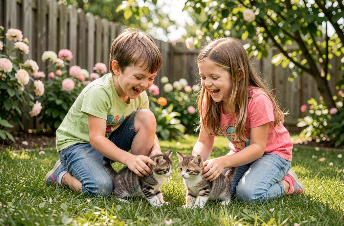 Deux enfants qui jouent et caressent de petits chatons dans un jardin verdoyant en s'amusant ensemble