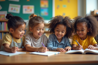 Quatre enfants lisent ensemble en classe