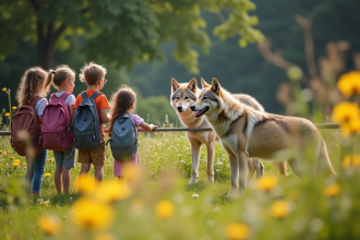 Enfants observant des loups dans une réserve naturelle en plein jour
