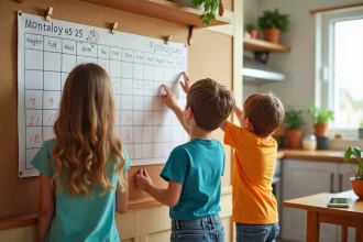 Enfants planifiant les activités des vacances scolaires 2026-2027 autour d'un calendrier familial dans une cuisine