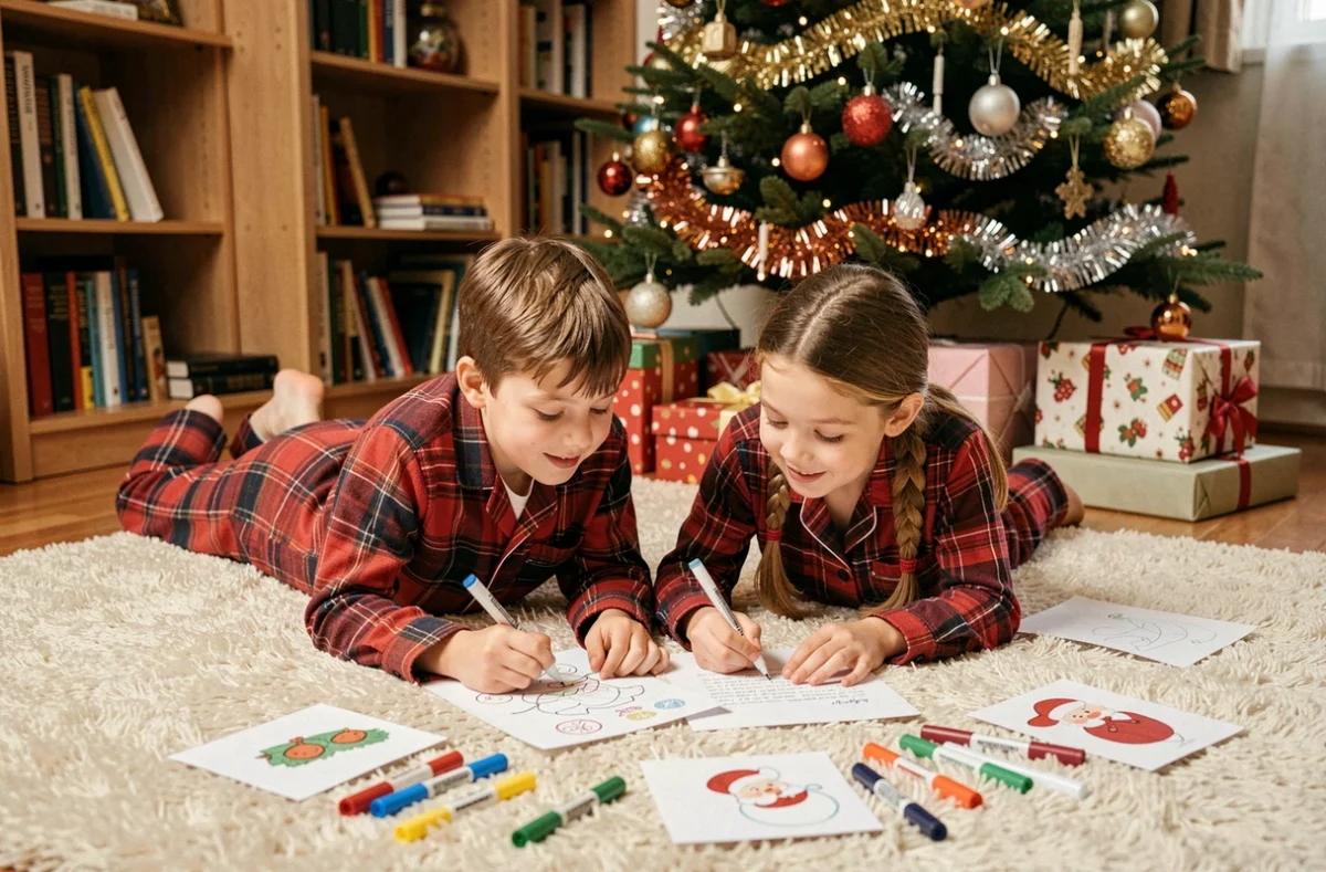 Deux enfants en pyjama complétant ensemble une lettre au Père Noël devant le sapin de Noël