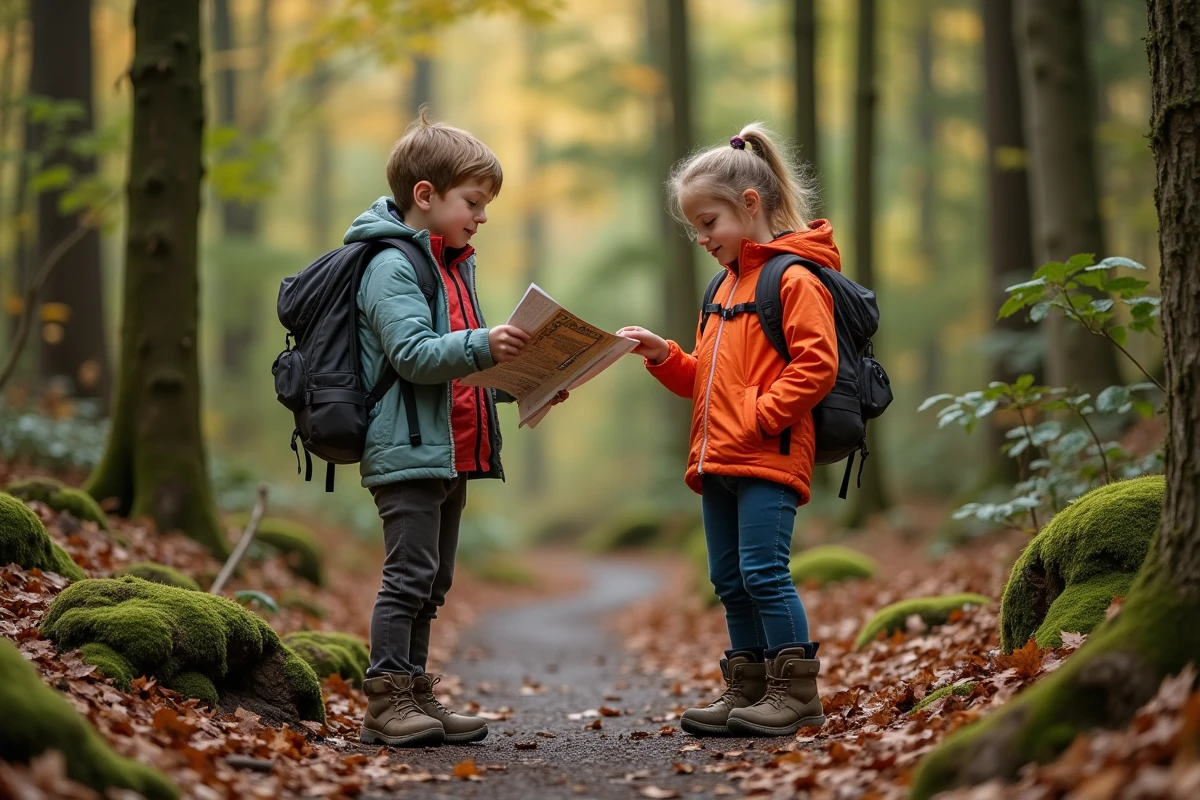 Deux enfants en randonnée lors des vacances scolaires consultent un programme d'activités en forêt
