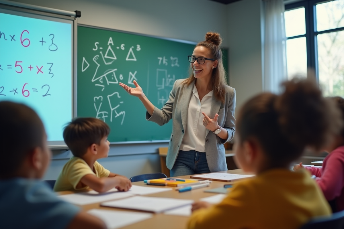 Enseignant et enfants autour d