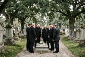 Groupe de personnes en deuil vêtues de noir autour d'une tombe dans un cimetière calme un jour de semaine