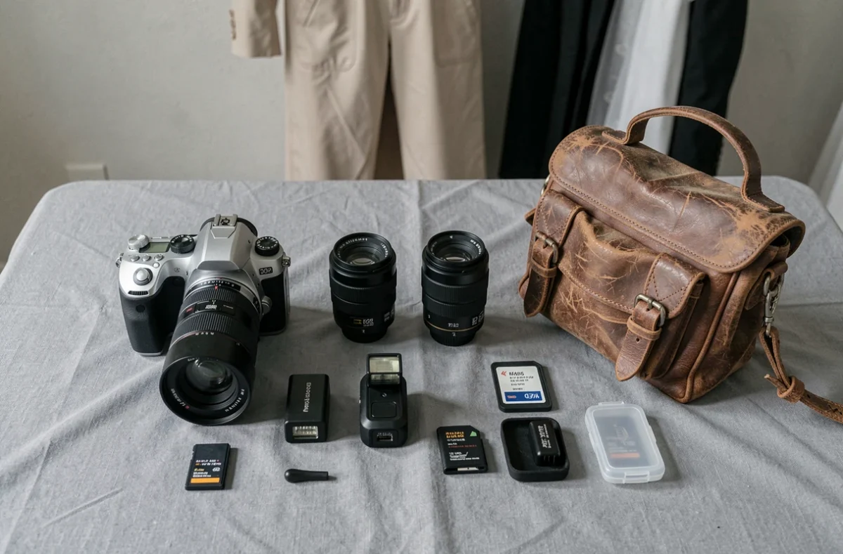 Équipement complet d'un photographe de mariage professionnel présenté en vue aérienne