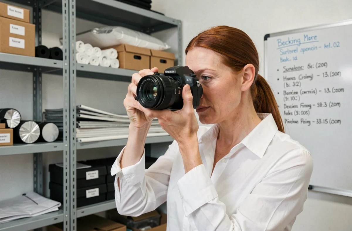 Photographe inspectant un objectif dans le coin équipement d'un studio de location à Marseille avec étagères de matériel organisées