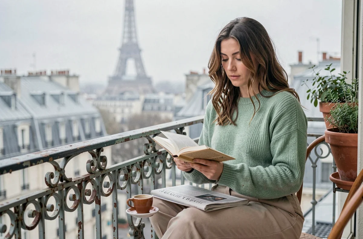 Jeune femme lisant sur un balcon parisien hausmannien avec vue floue sur la Tour Eiffel en arrière-plan