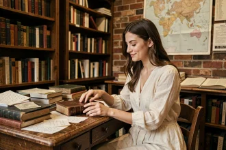 Jeune femme feuilletant un livre ancien de Roméo et Juliette dans une librairie vintage aux étagères remplies de volumes littéraires