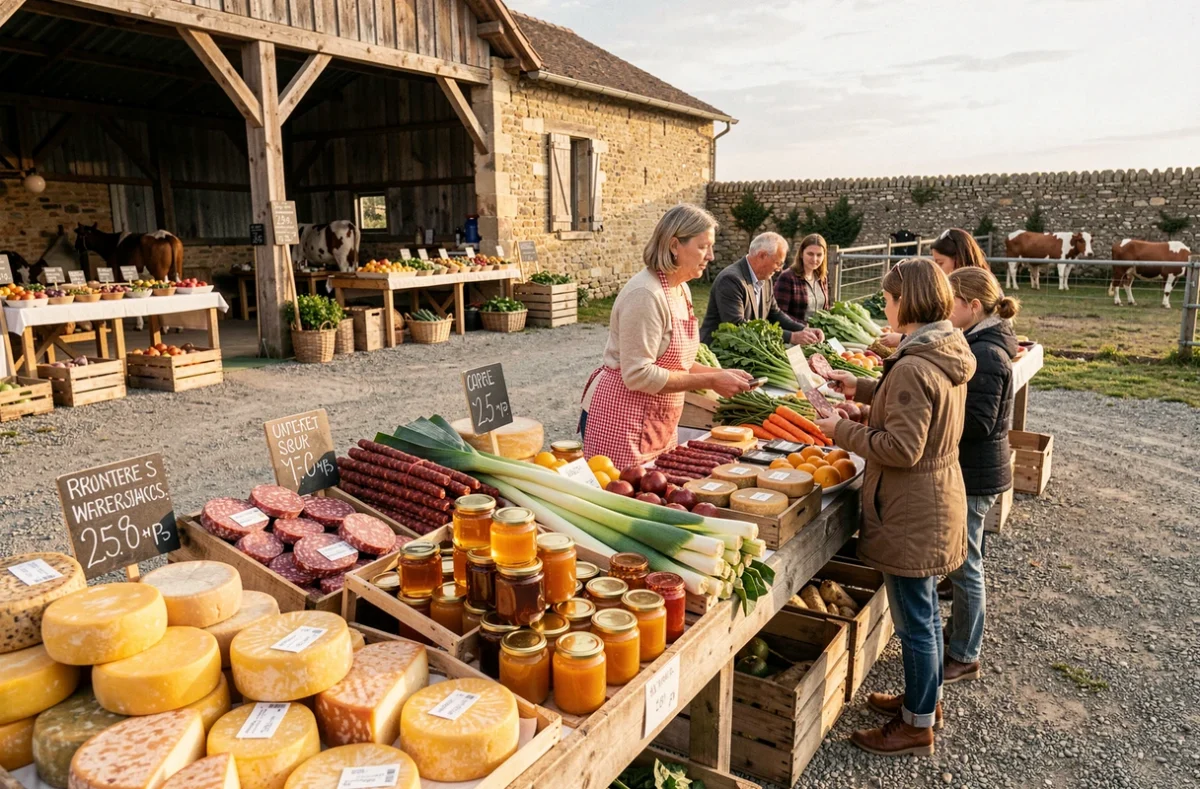 Marché terroir animé dans la cour d'une ferme pédagogique avec une vendeuse en tablier à carreaux rouges présentant fromages, saucissons et légumes locaux aux familles lors de l'événement Eurogénétique