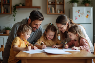 Famille souriante à la maison aidant aux devoirs