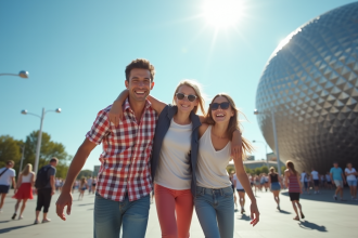 Famille souriante devant l'entrée de Futuroscope avec la sphère