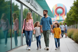 Famille souriante devant l'entrée futuriste de Futuroscope