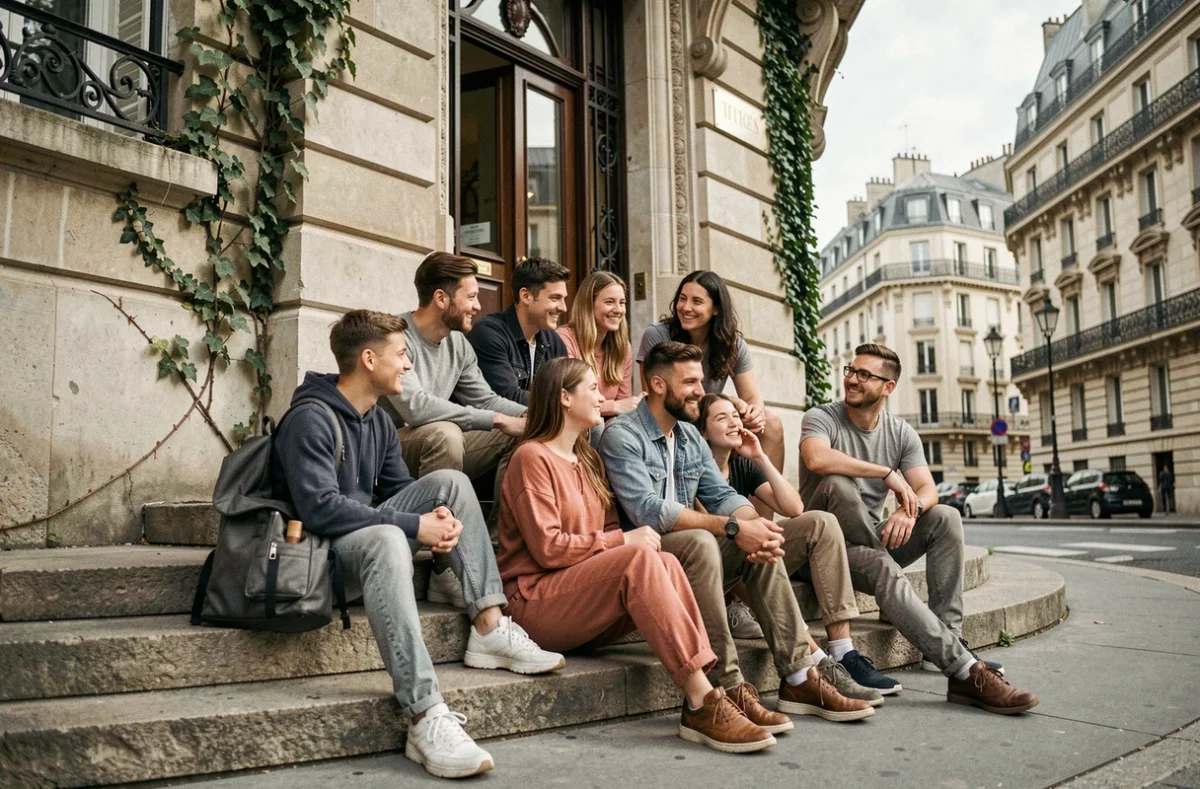 Groupe familial décontracté devant un immeuble haussmannien parisien, illustrant la vie de famille d'une célébrité française