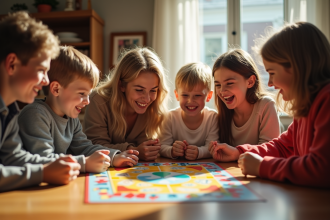 Famille heureuse jouant au jeu de la oie dans un intérieur chaleureux