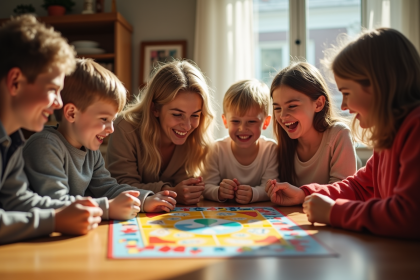 Famille heureuse jouant au jeu de la oie dans un intérieur chaleureux
