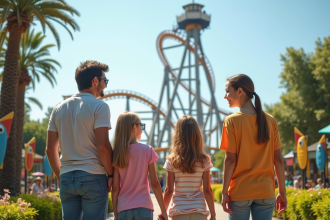 Famille souriante devant une grande montagne russe au parc d'attractions