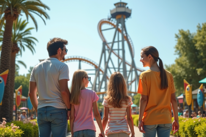 Famille souriante devant une grande montagne russe au parc d'attractions