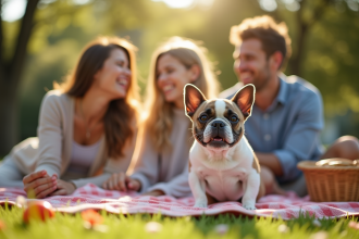 Famille heureuse pique-niquant avec chien français