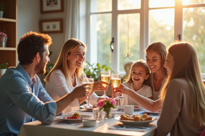 Famille souriante partageant un repas ensoleille dans un salon
