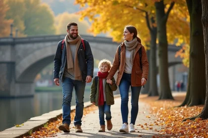 Famille en promenade automnale au bord de la rivière