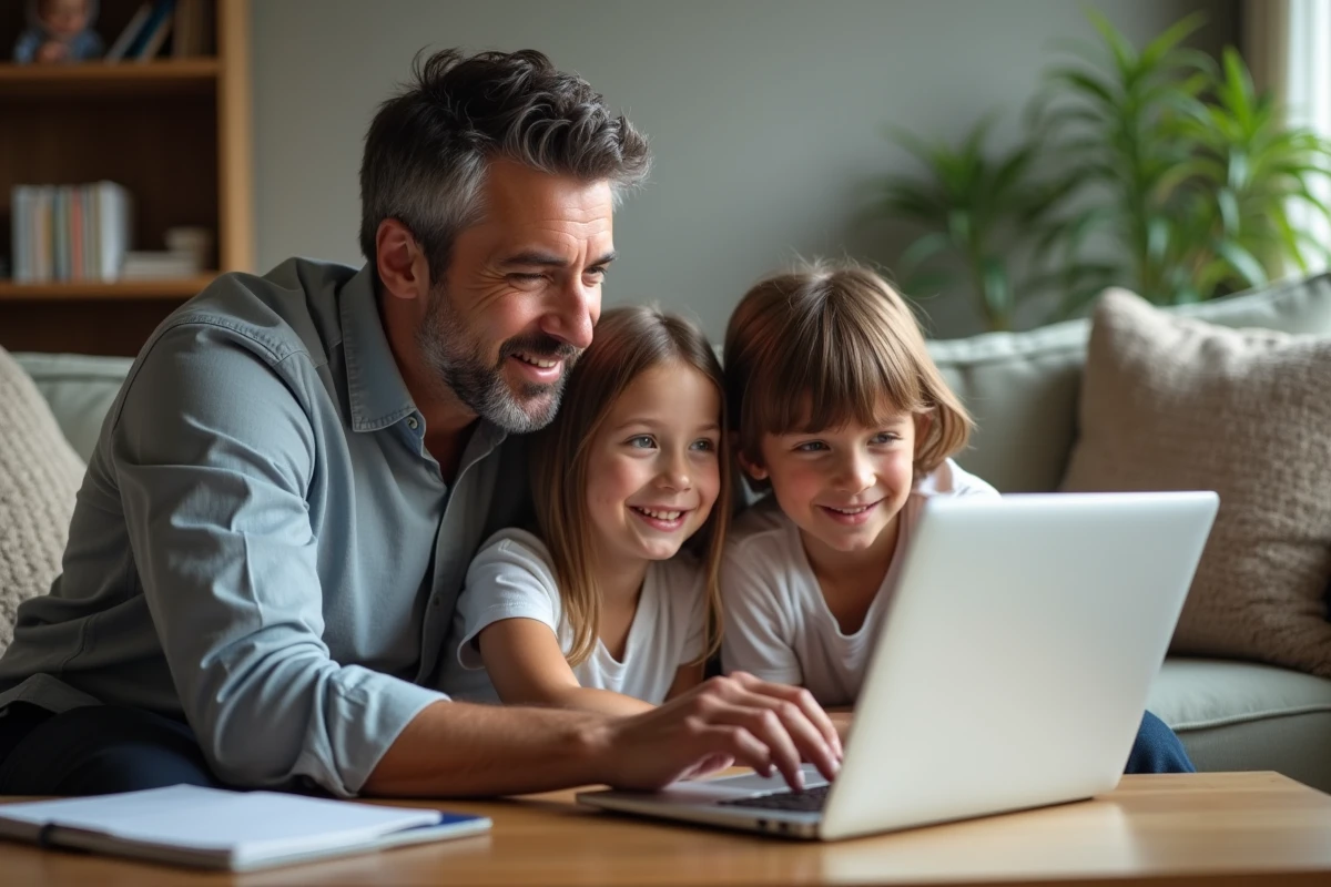 Père et enfants consultant le calendrier des vacances scolaires zone B 2026 sur un ordinateur portable au salon
