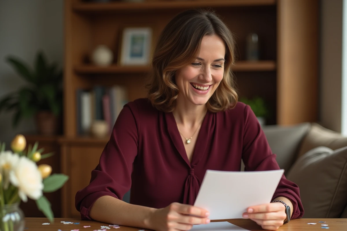 Femme de 40 ans souriant en lisant un message anniversaire original et touchant à table
