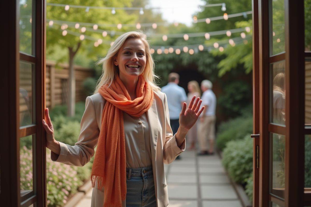 Femme accueillant des invités dans un jardin