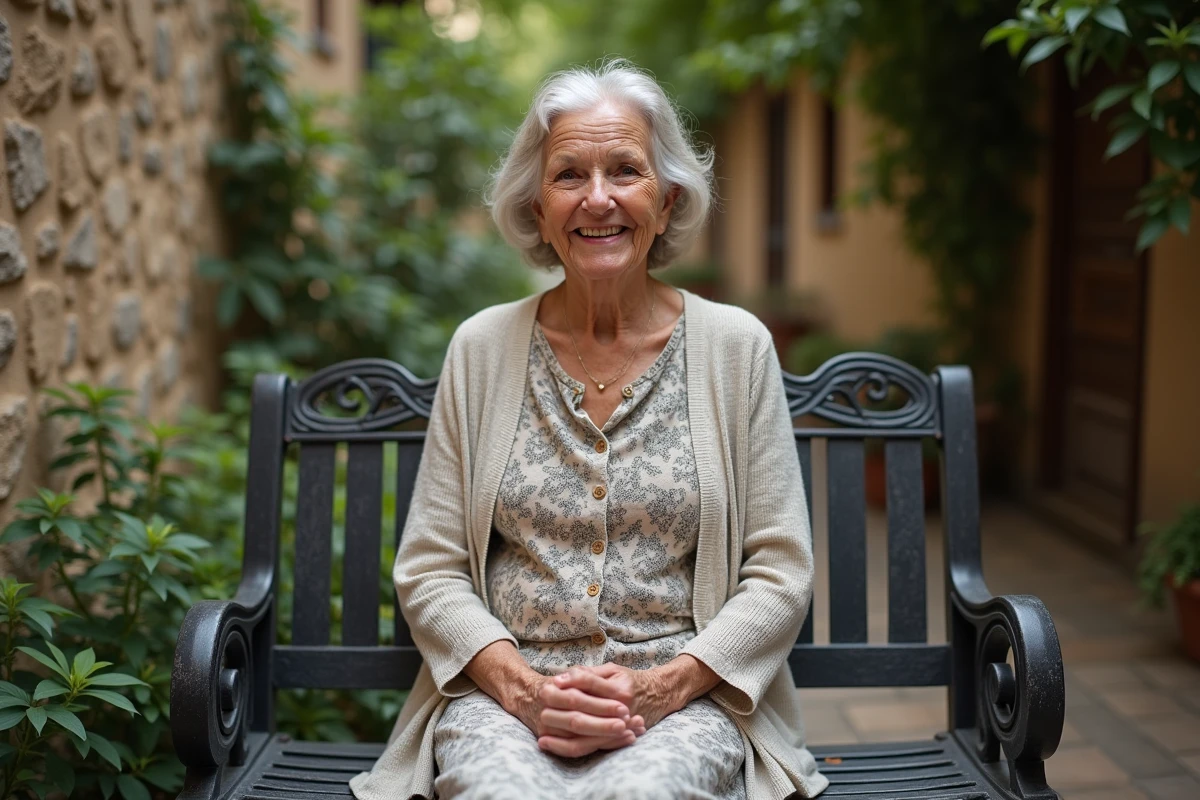 Femme nord-africaine assise dans une cour paisible et verdoyante