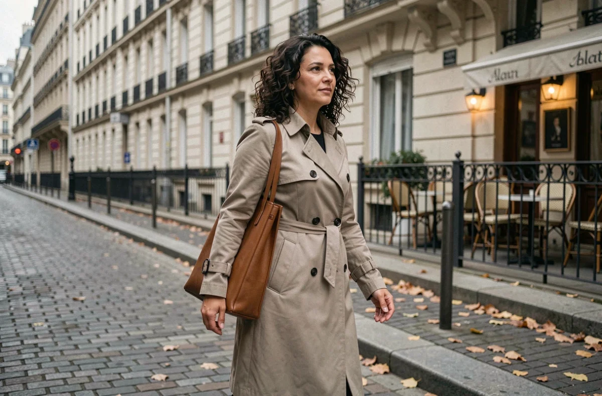 Femme discrète se promenant dans une rue parisienne sans téléphone ni appareil photo