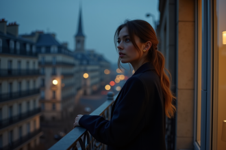 Femme élégante sur un balcon parisien la nuit