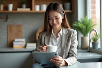 Jeune femme professionnelle dans une cuisine moderne lisant une magazine digitale