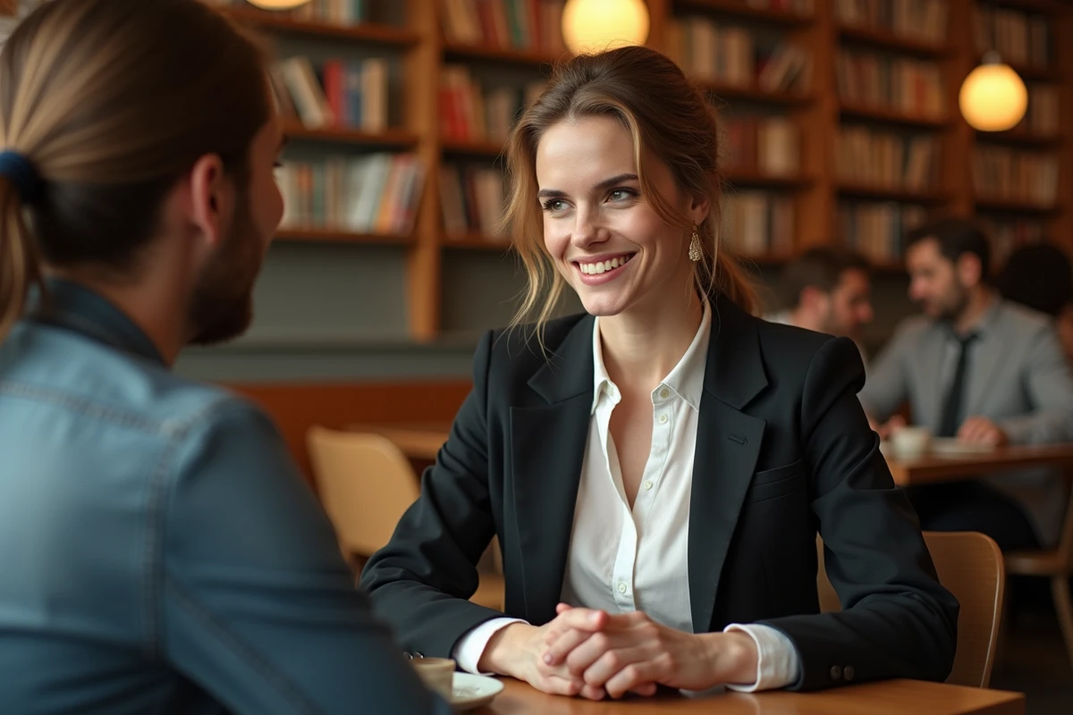 Femme discutant dans un café chaleureux et cosy