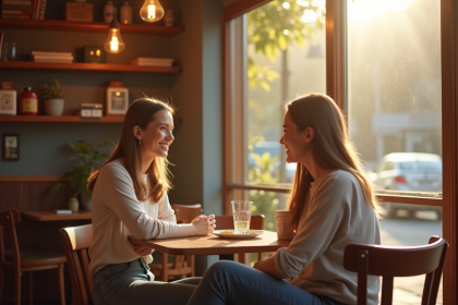 Jeune femme souriante dans un café chaleureux