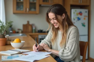 Jeune femme souriante en cuisine avec checklist