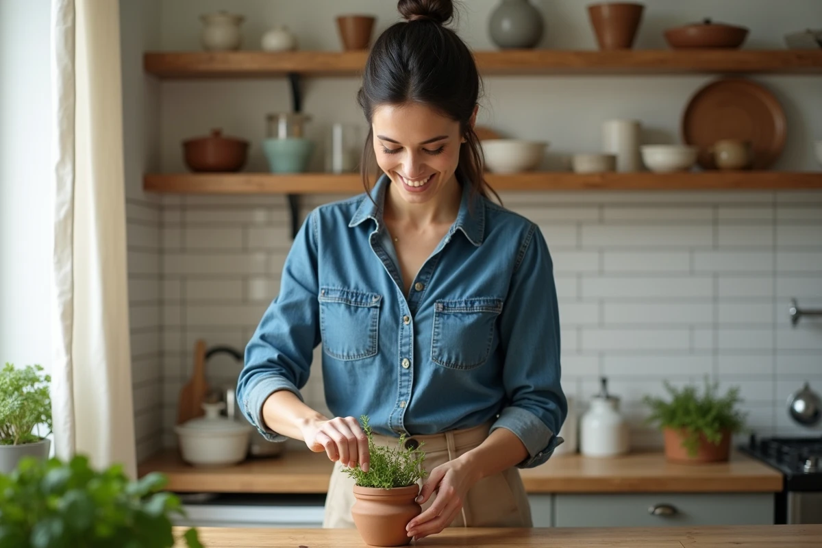 Femme aux cheveux attachés arrangeant des herbes fraîches dans une cuisine parisienne chaleureuse, image intime évoquant l'amour du quotidien et la vie privée apaisée