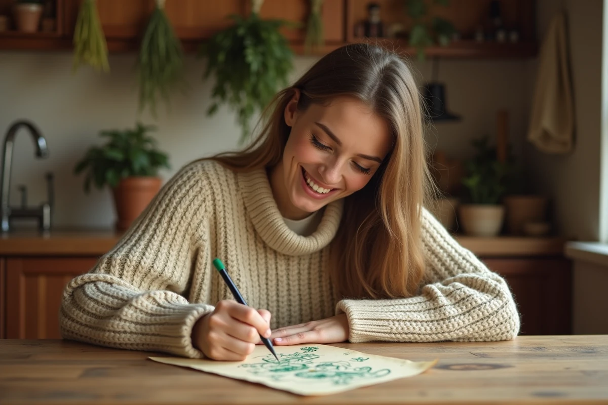 Femme écrivant une lettre de lutin farceur personnalisée sur parchemin à la table de cuisine